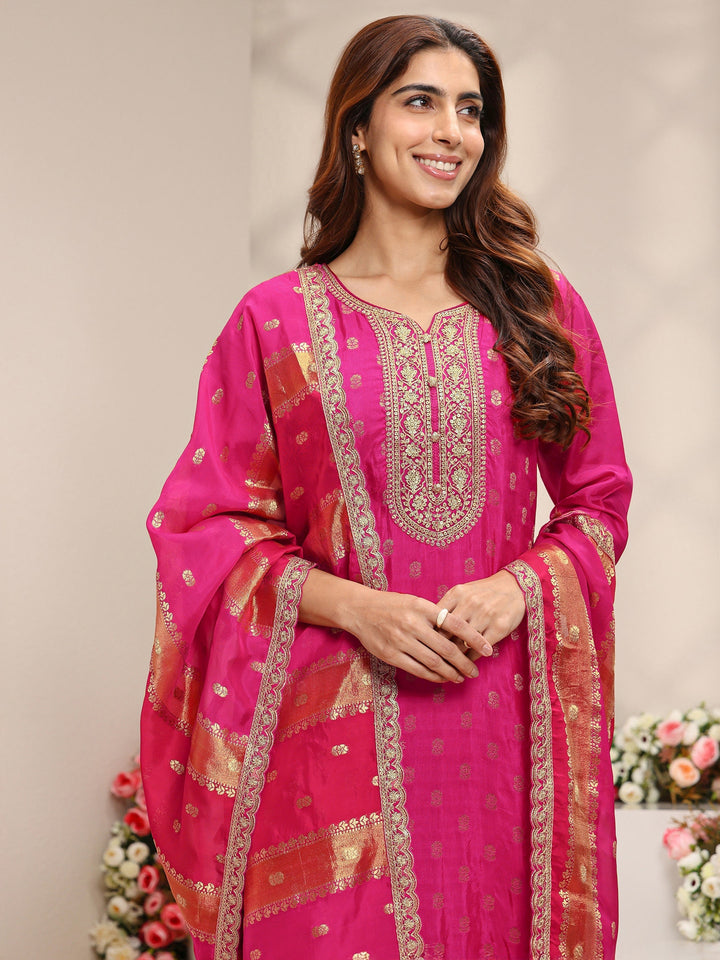 Pink Woven Design Silk Blend Straight Suit Set With Dupatta