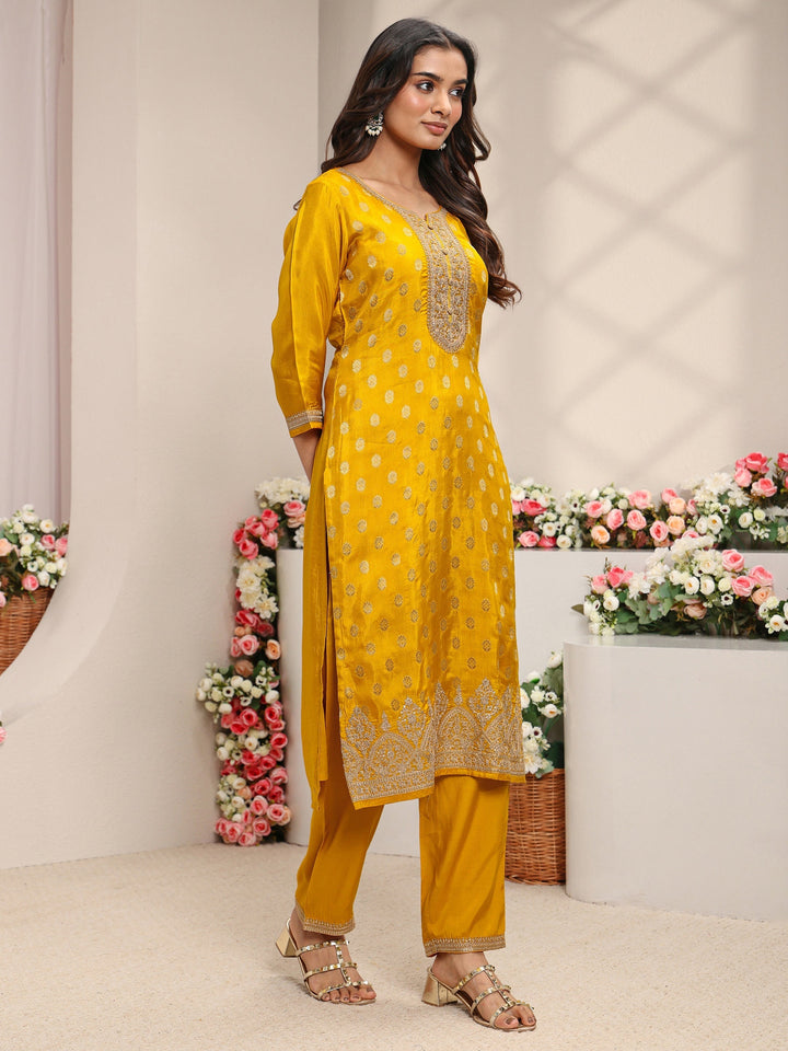 Mustard Woven Design Silk Blend Straight Suit Set With Dupatta