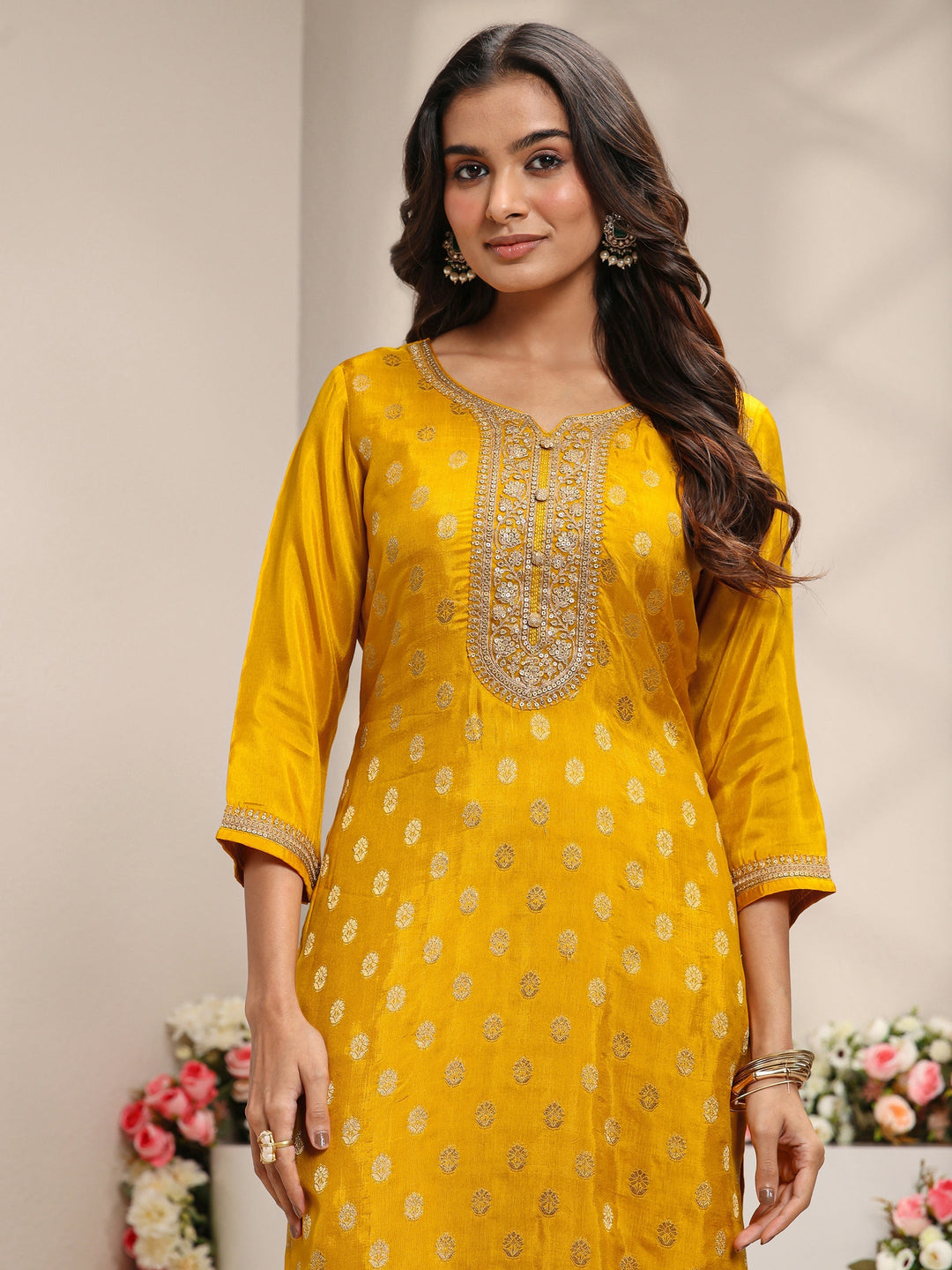 Mustard Woven Design Silk Blend Straight Suit Set With Dupatta