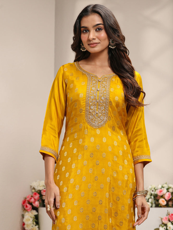 Mustard Woven Design Silk Blend Straight Suit Set With Dupatta