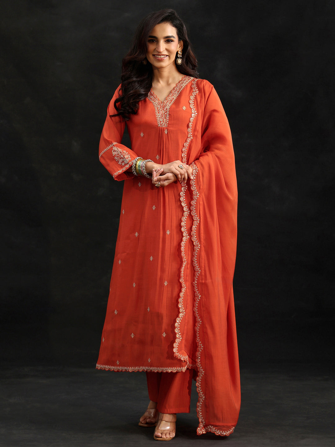 Libas Orange Embroidered Chanderi Cotton A-Line Suit Set