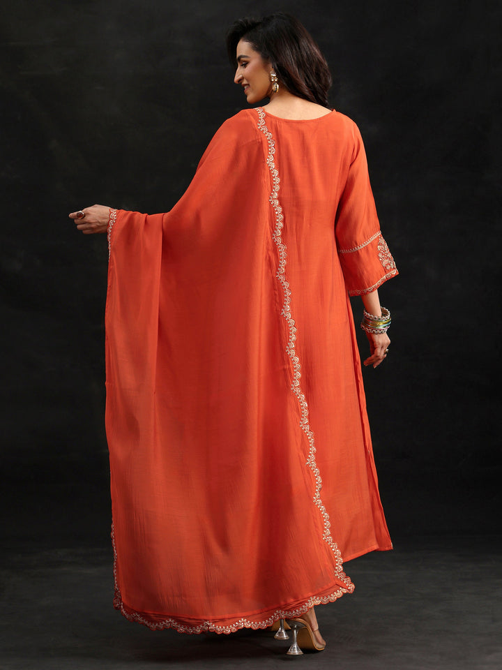 Libas Orange Embroidered Chanderi Cotton A-Line Suit Set