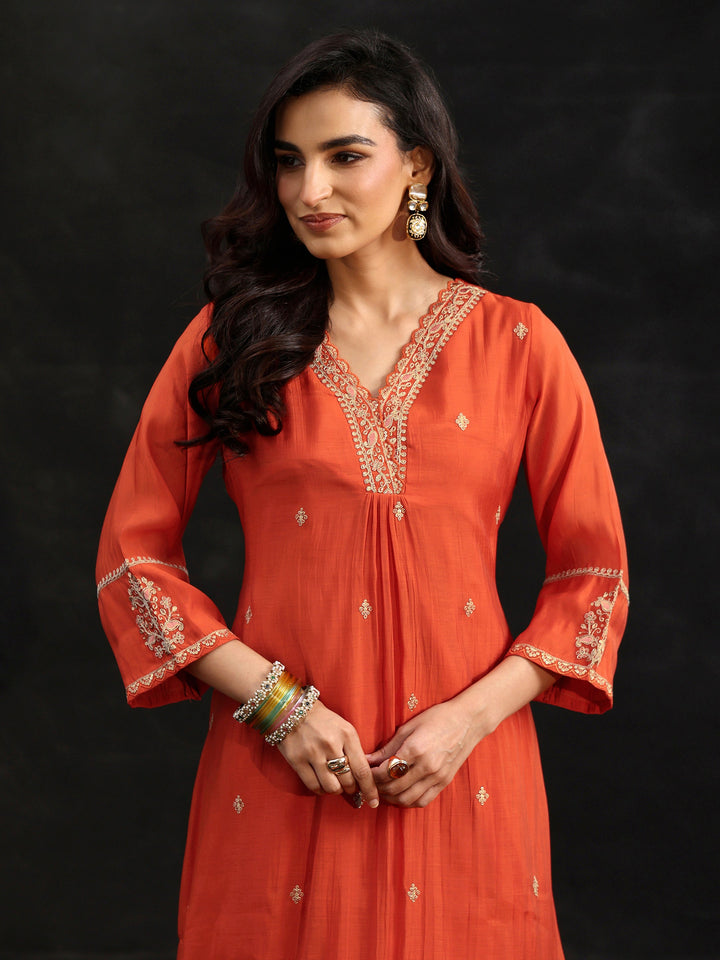 Libas Orange Embroidered Chanderi Cotton A-Line Suit Set