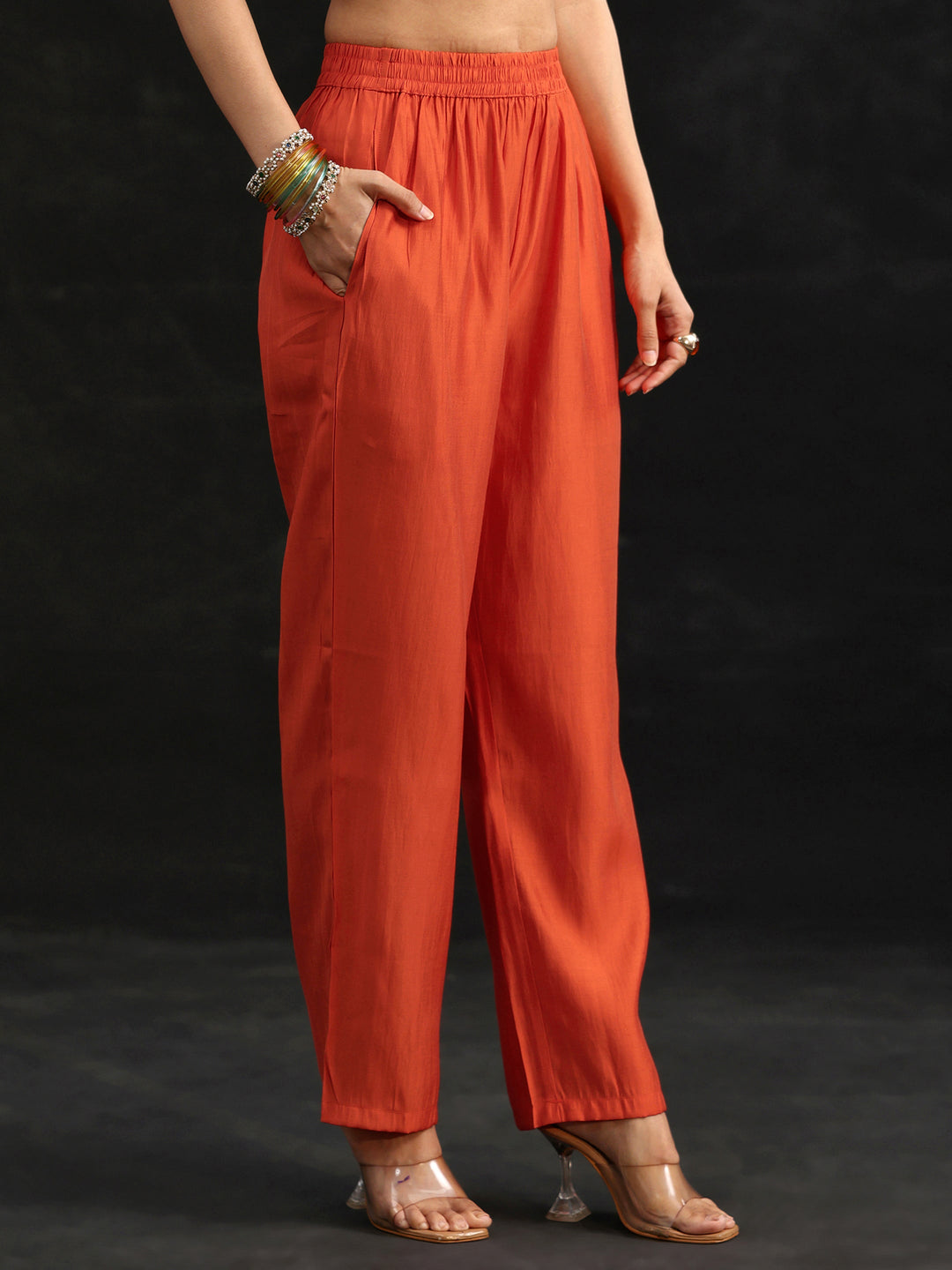 Libas Orange Embroidered Chanderi Cotton A-Line Suit Set
