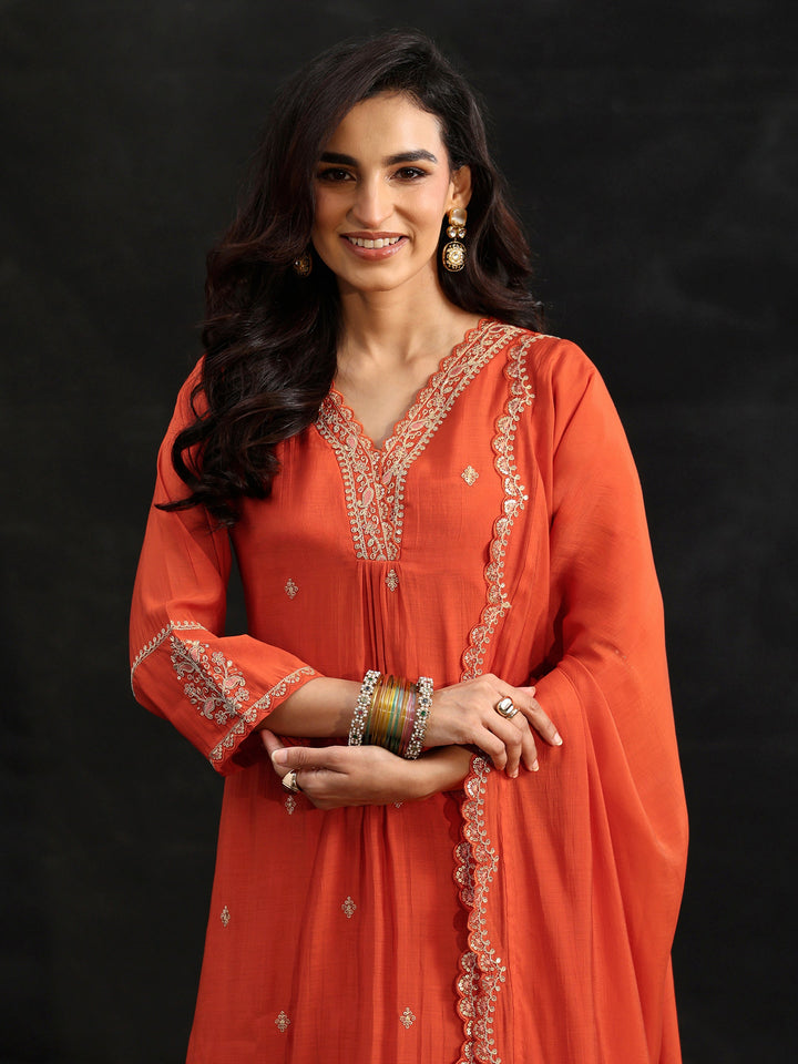 Libas Orange Embroidered Chanderi Cotton A-Line Suit Set