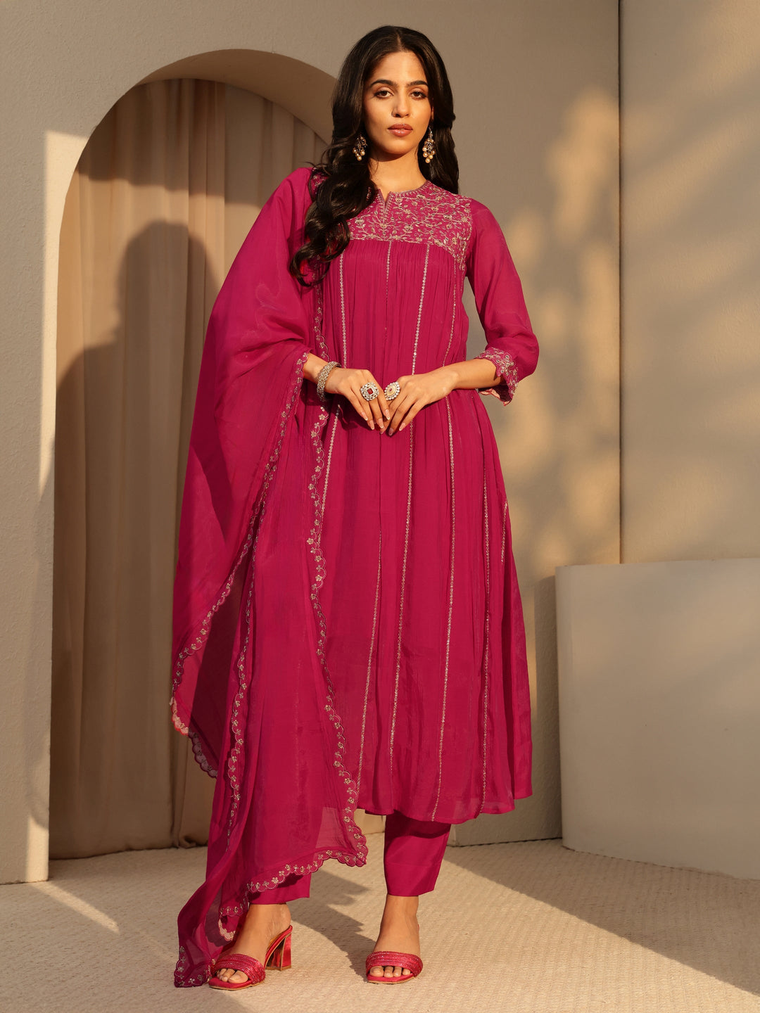 Libas Fuchsia Pink Embellished Yoke  Chanderi Cotton A-Line Suit Set