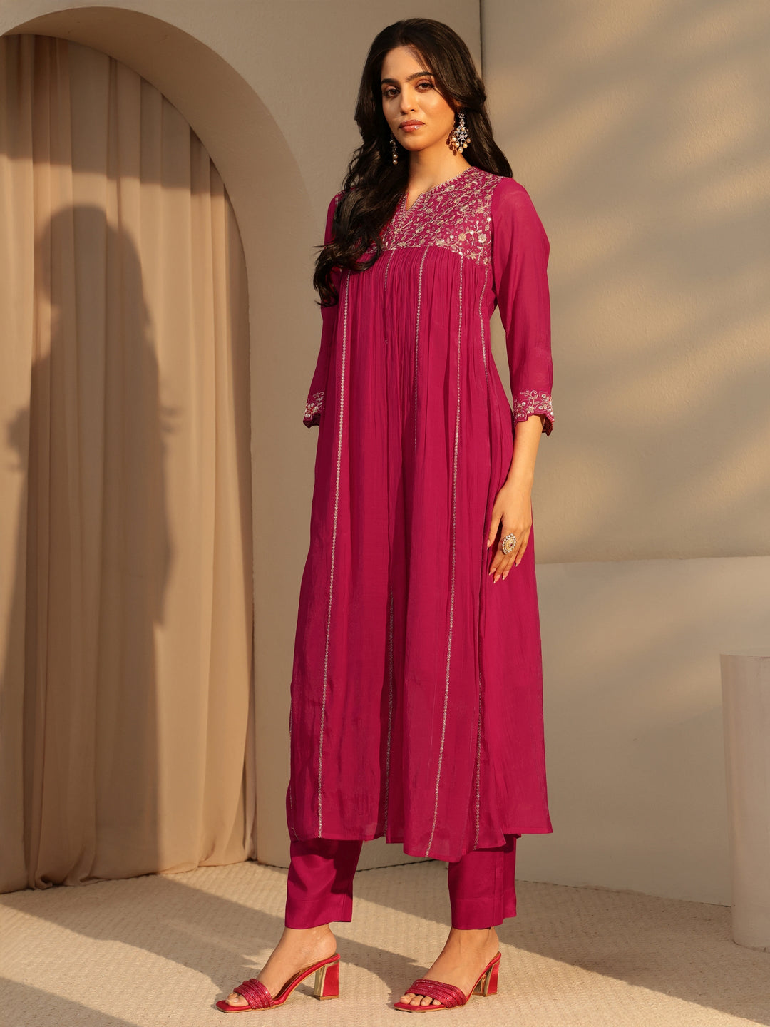 Libas Fuchsia Pink Embellished Yoke  Chanderi Cotton A-Line Suit Set
