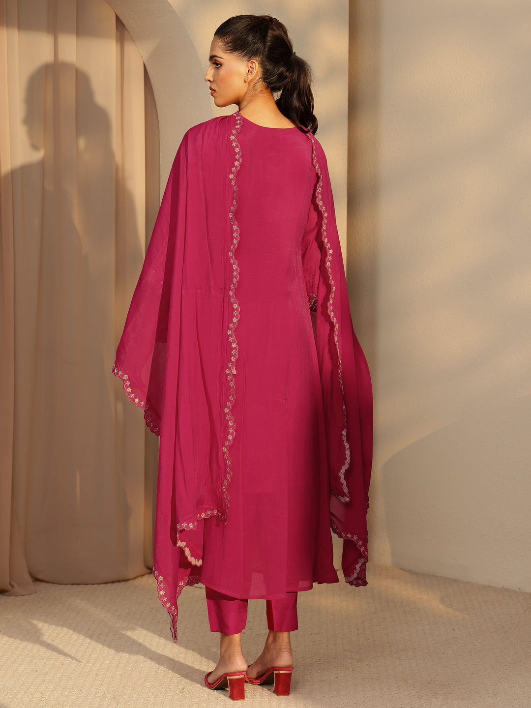 Libas Fuchsia Pink Embellished Yoke  Chanderi Cotton A-Line Suit Set