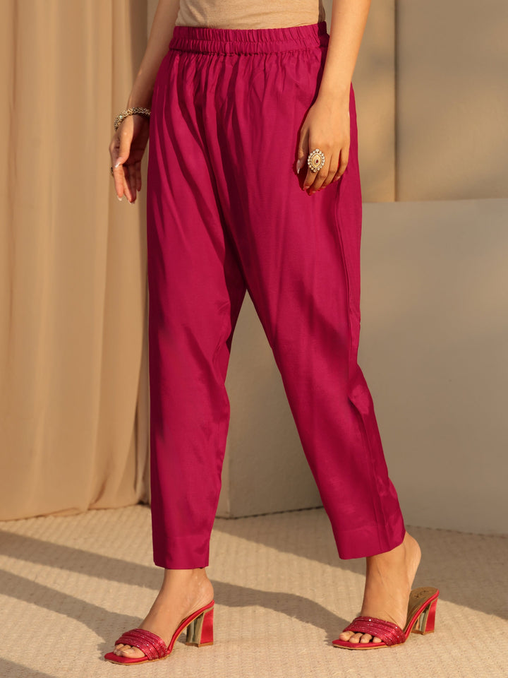 Libas Fuchsia Pink Embellished Yoke  Chanderi Cotton A-Line Suit Set