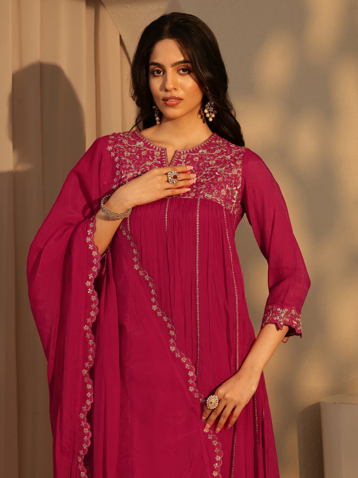 Libas Fuchsia Pink Embellished Yoke  Chanderi Cotton A-Line Suit Set