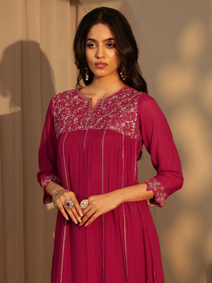 Libas Fuchsia Pink Embellished Yoke  Chanderi Cotton A-Line Suit Set