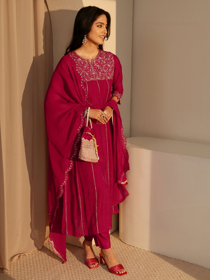 Libas Fuchsia Pink Embellished Yoke  Chanderi Cotton A-Line Suit Set