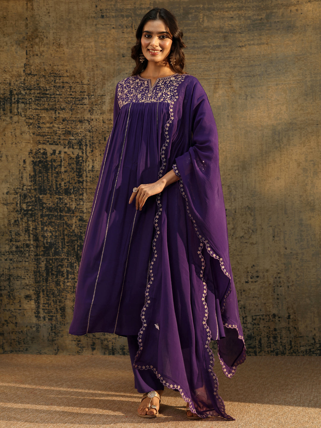 Libas Purple Floral Embroidered Chanderi Cotton Empire Anarkali Suit Set