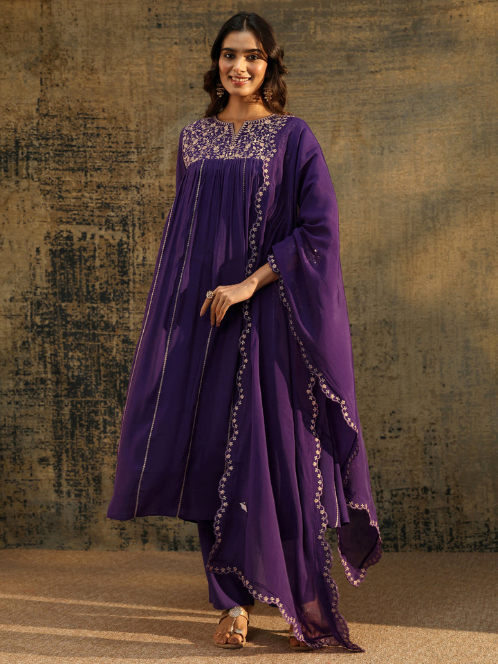 Libas Purple Floral Embroidered Chanderi Cotton Empire Anarkali Suit Set
