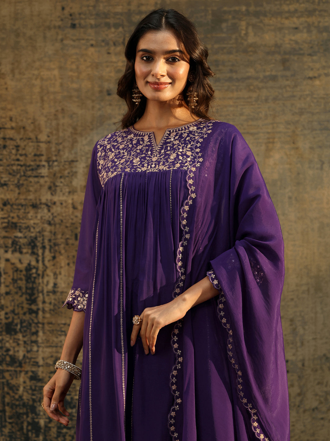 Libas Purple Floral Embroidered Chanderi Cotton Empire Anarkali Suit Set