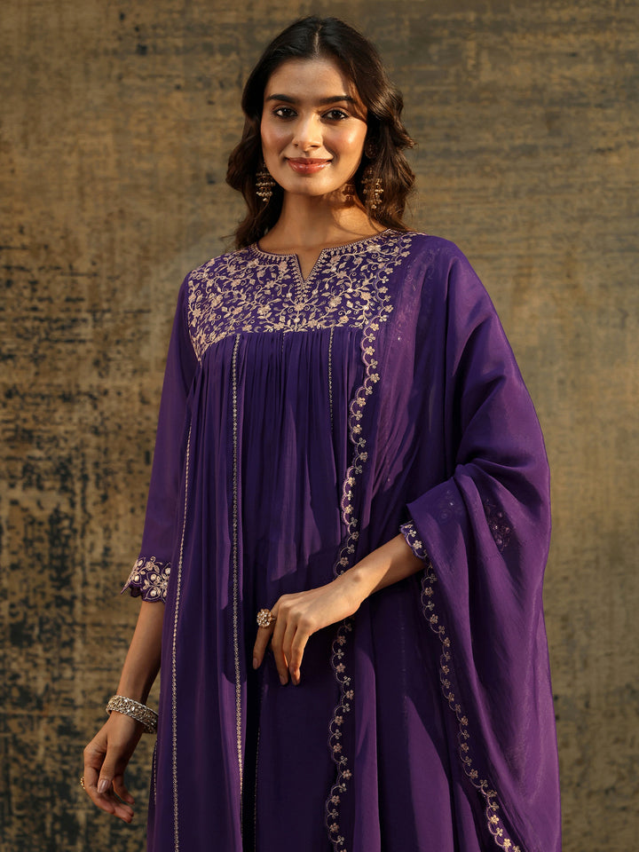 Libas Purple Floral Embroidered Chanderi Cotton Empire Anarkali Suit Set