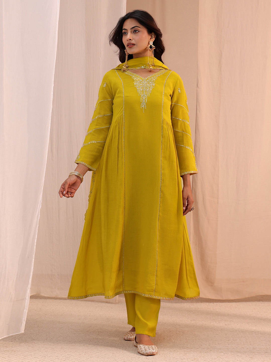Libas Mustard Floral Embroidered Chanderi Cotton Anarkali Suit Set