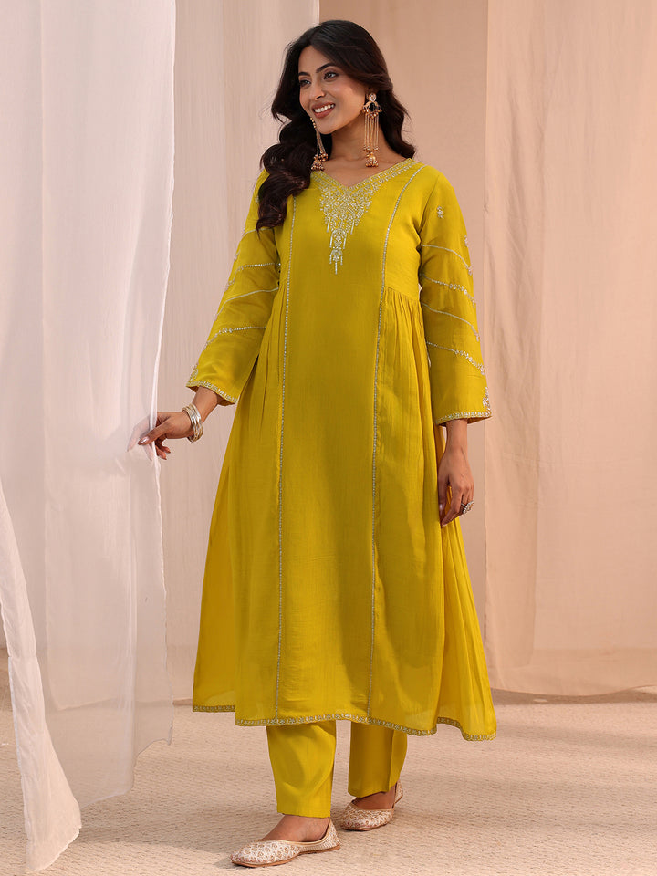 Libas Mustard Floral Embroidered Chanderi Cotton Anarkali Suit Set