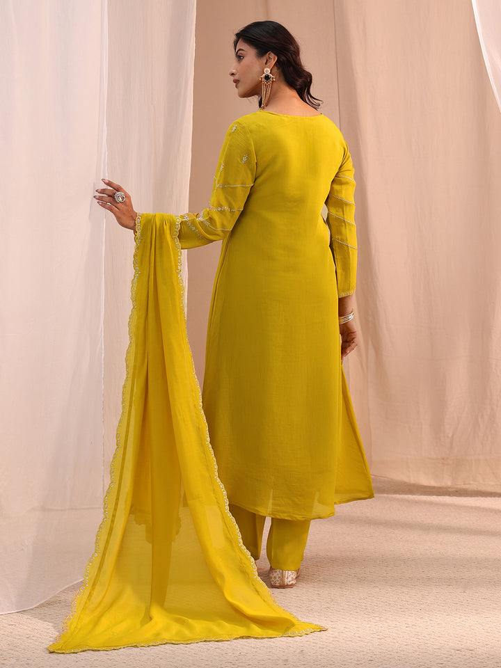 Libas Mustard Floral Embroidered Chanderi Cotton Anarkali Suit Set