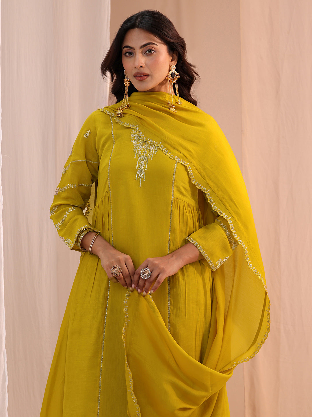 Libas Mustard Floral Embroidered Chanderi Cotton Anarkali Suit Set