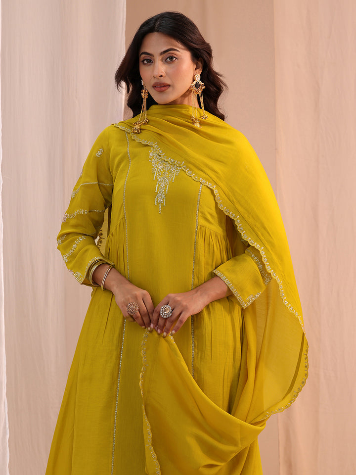 Libas Mustard Floral Embroidered Chanderi Cotton Anarkali Suit Set