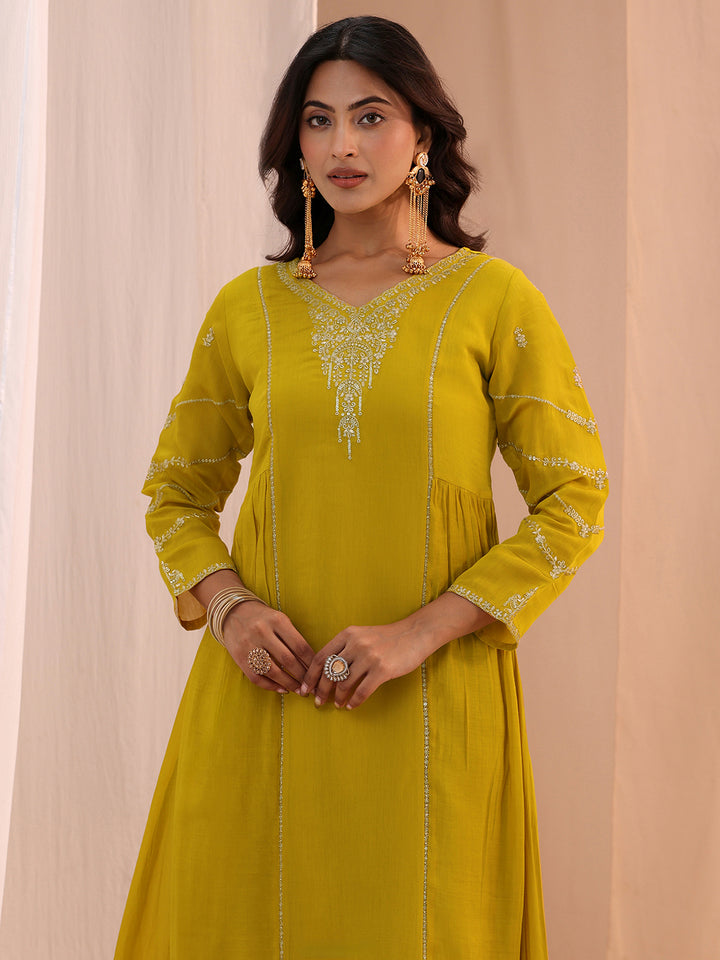Libas Mustard Floral Embroidered Chanderi Cotton Anarkali Suit Set