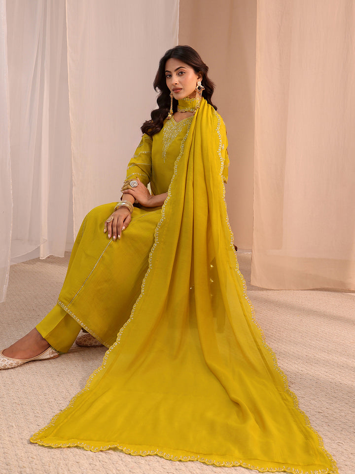 Libas Mustard Floral Embroidered Chanderi Cotton Anarkali Suit Set