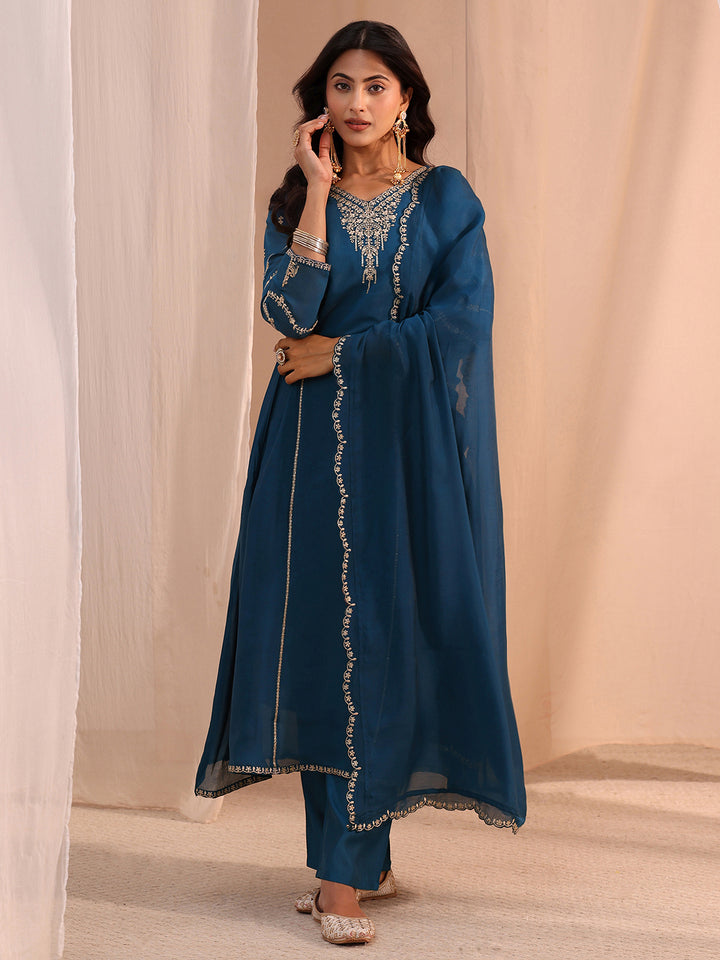 Libas Blue Floral Embroidered Chanderi Cotton A-Line Suit Set