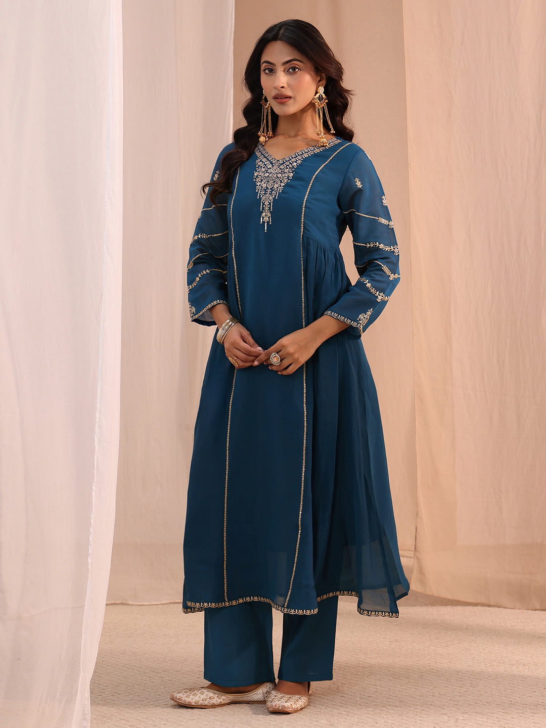 Libas Blue Floral Embroidered Chanderi Cotton A-Line Suit Set