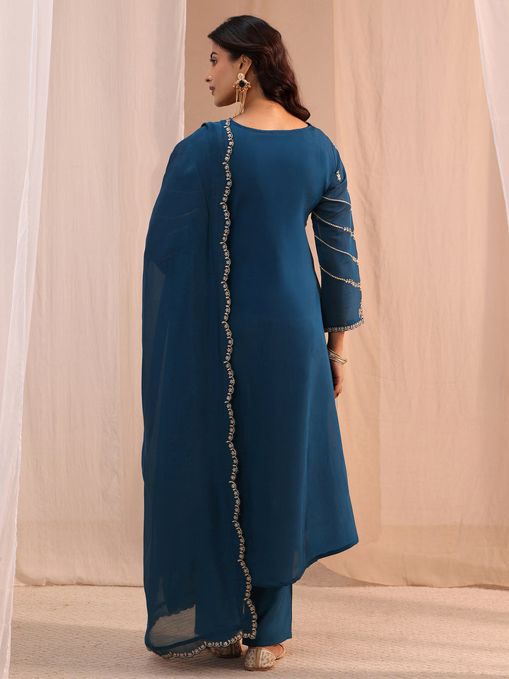 Libas Blue Floral Embroidered Chanderi Cotton A-Line Suit Set