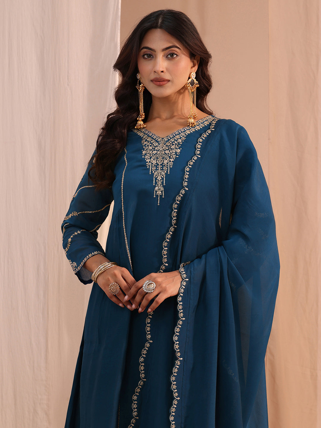 Libas Blue Floral Embroidered Chanderi Cotton A-Line Suit Set
