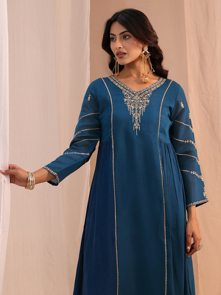 Libas Blue Floral Embroidered Chanderi Cotton A-Line Suit Set
