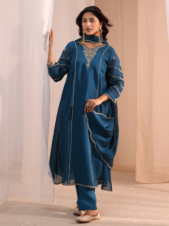 Libas Blue Floral Embroidered Chanderi Cotton A-Line Suit Set