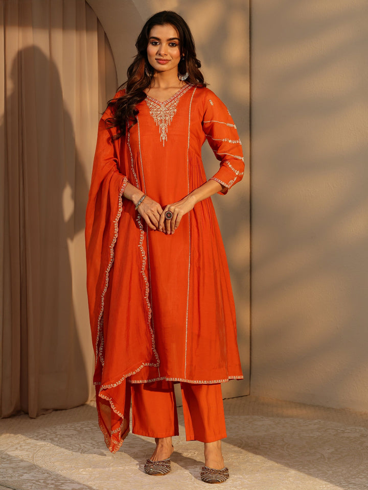 Libas Orange Embellished Chanderi Cotton A-Line Suit Set