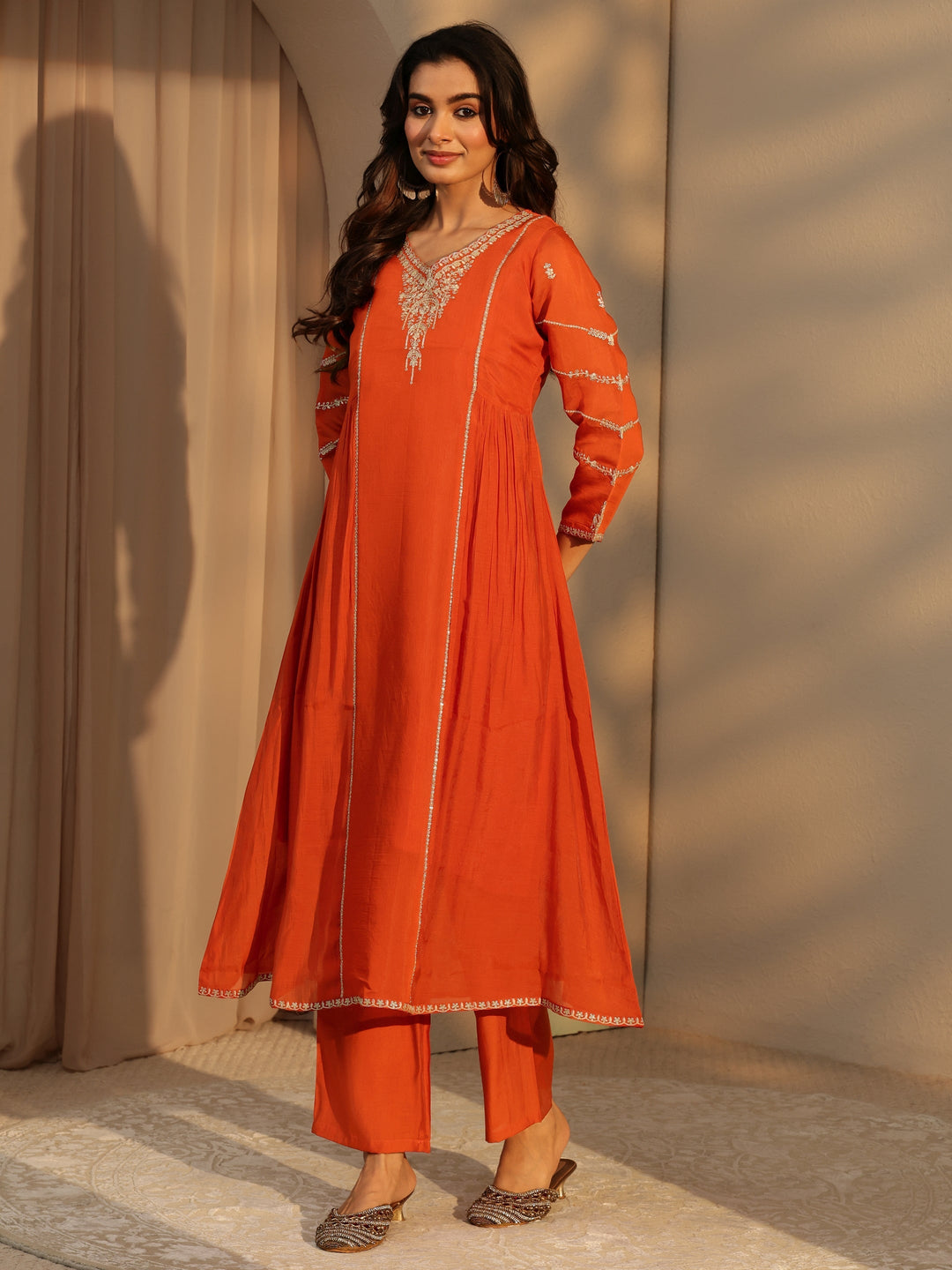 Libas Orange Embellished Chanderi Cotton A-Line Suit Set