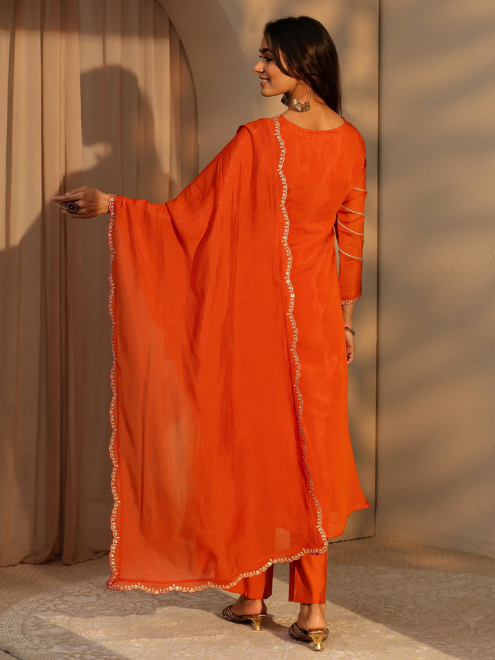 Libas Orange Embellished Chanderi Cotton A-Line Suit Set