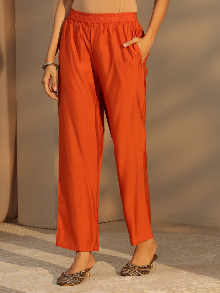 Libas Orange Embellished Chanderi Cotton A-Line Suit Set