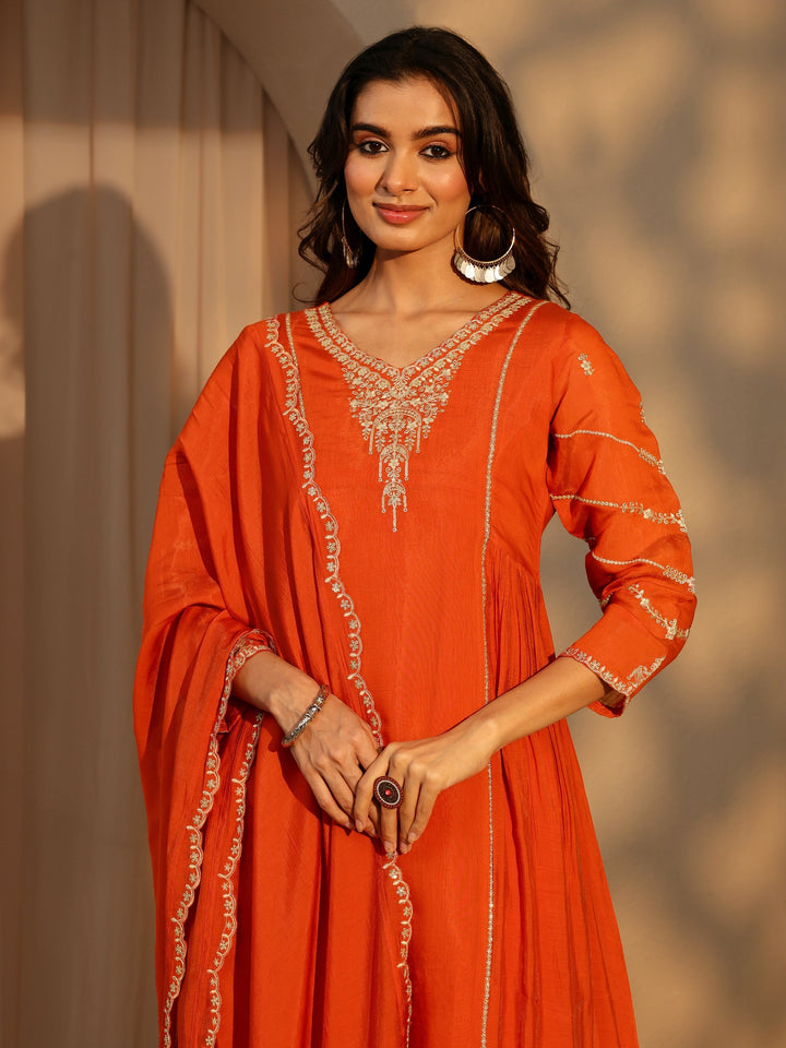 Libas Orange Embellished Chanderi Cotton A-Line Suit Set
