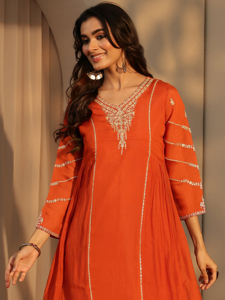 Libas Orange Embellished Chanderi Cotton A-Line Suit Set