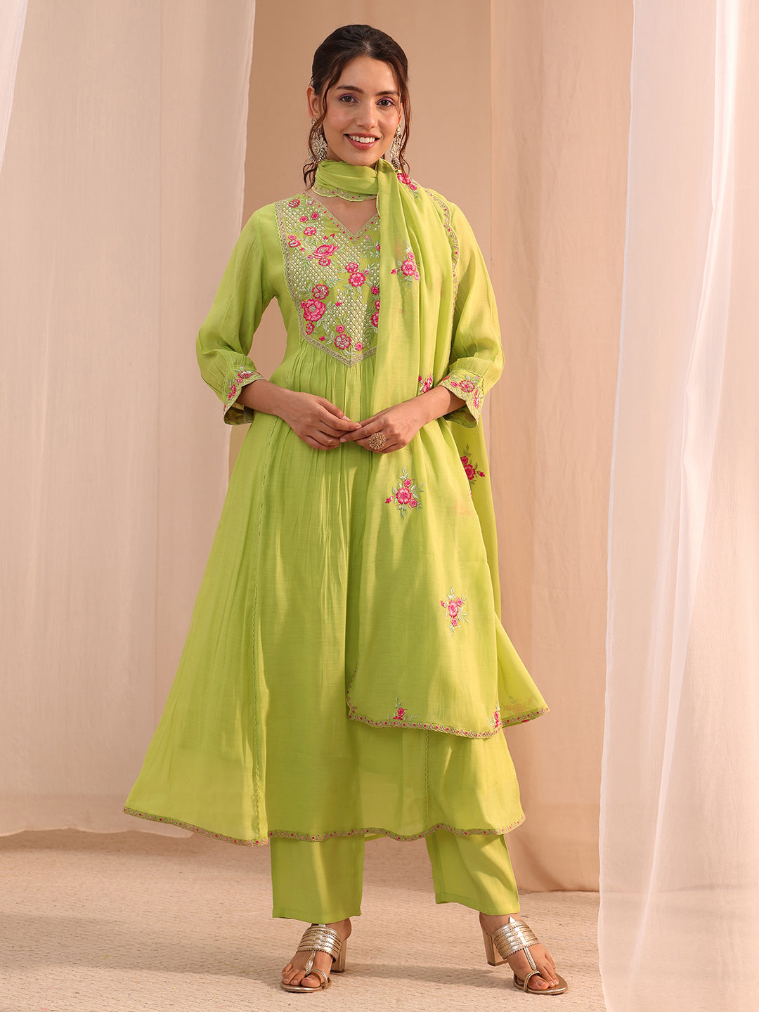Libas Green Floral Embroidered Chanderi Cotton A-Line Suit Set