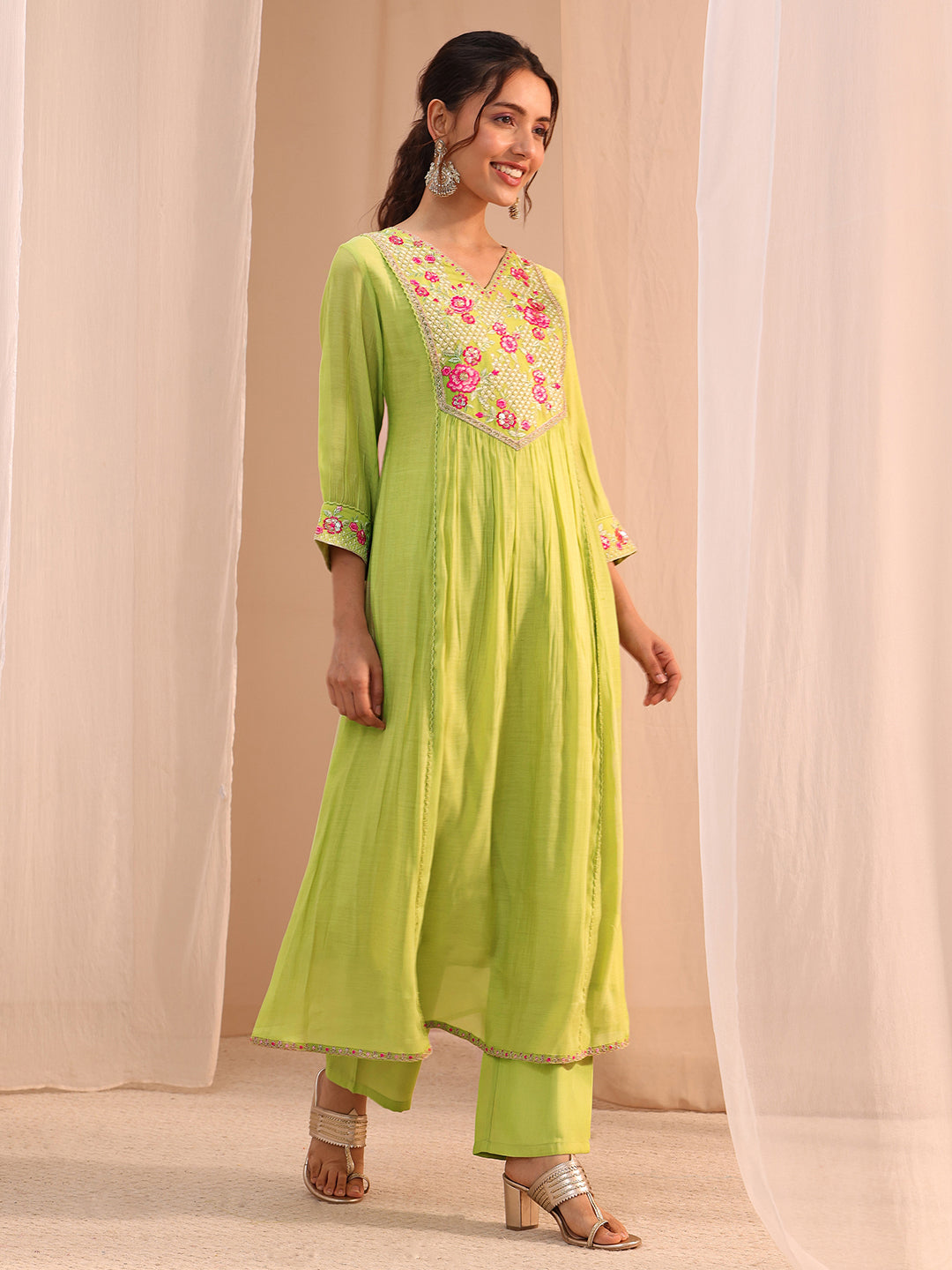 Libas Green Floral Embroidered Chanderi Cotton A-Line Suit Set