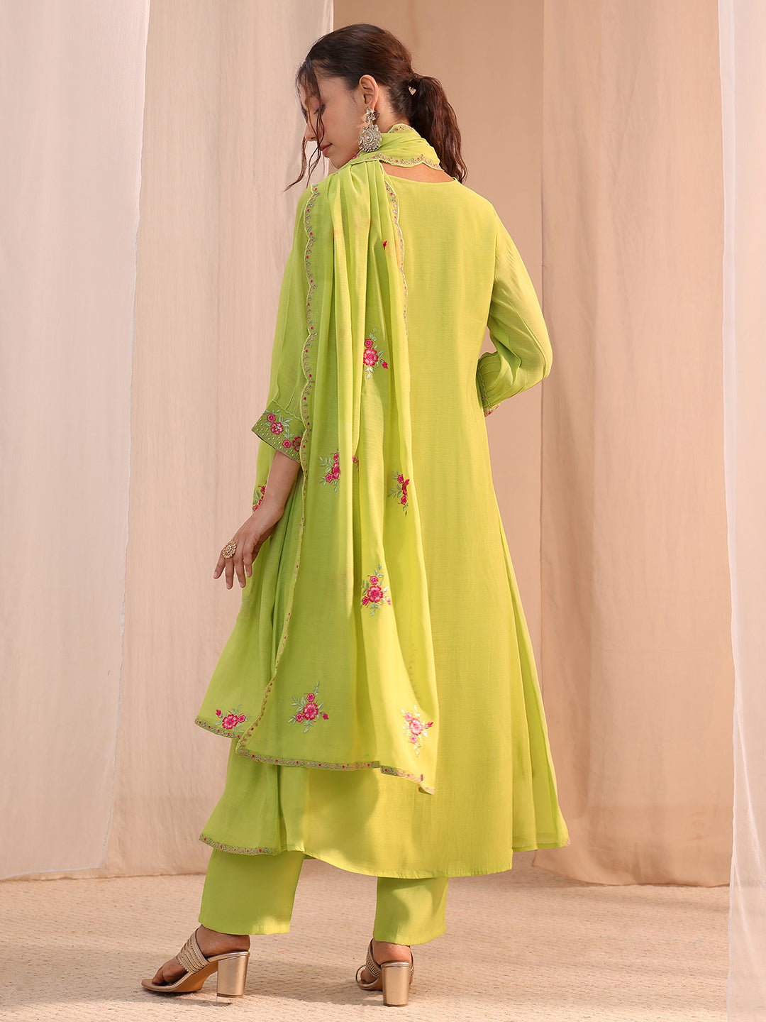 Libas Green Floral Embroidered Chanderi Cotton A-Line Suit Set