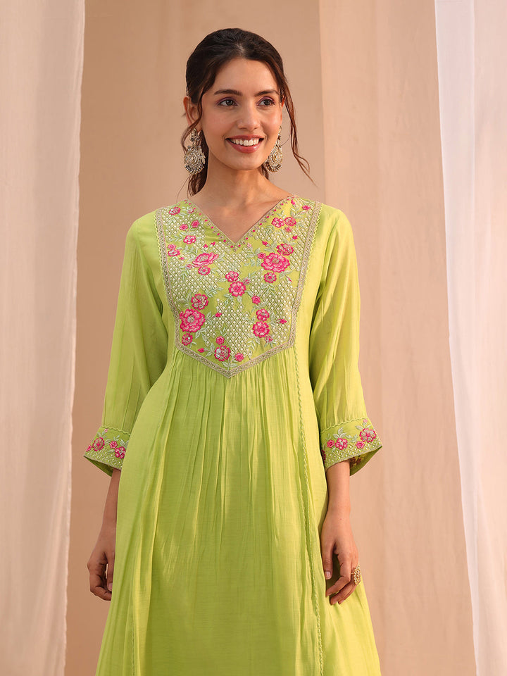 Libas Green Floral Embroidered Chanderi Cotton A-Line Suit Set