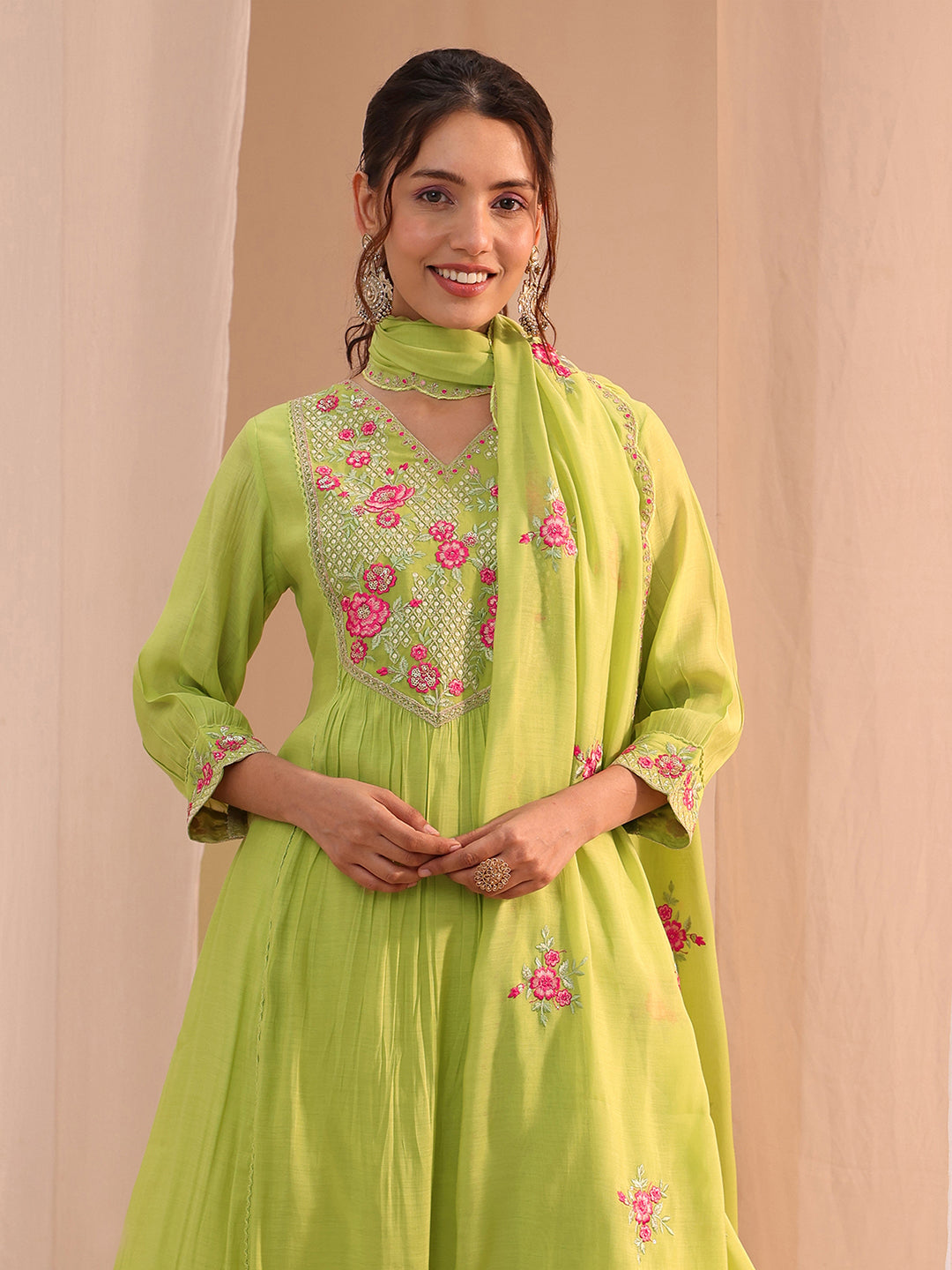 Libas Green Floral Embroidered Chanderi Cotton A-Line Suit Set