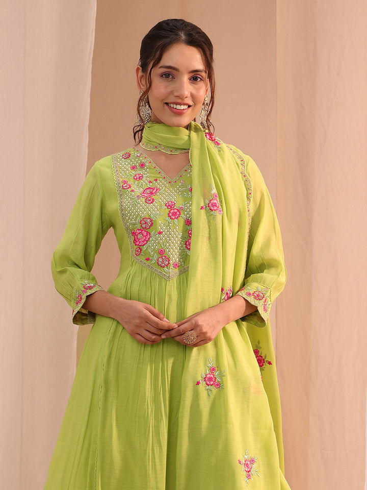 Libas Green Floral Embroidered Chanderi Cotton A-Line Suit Set