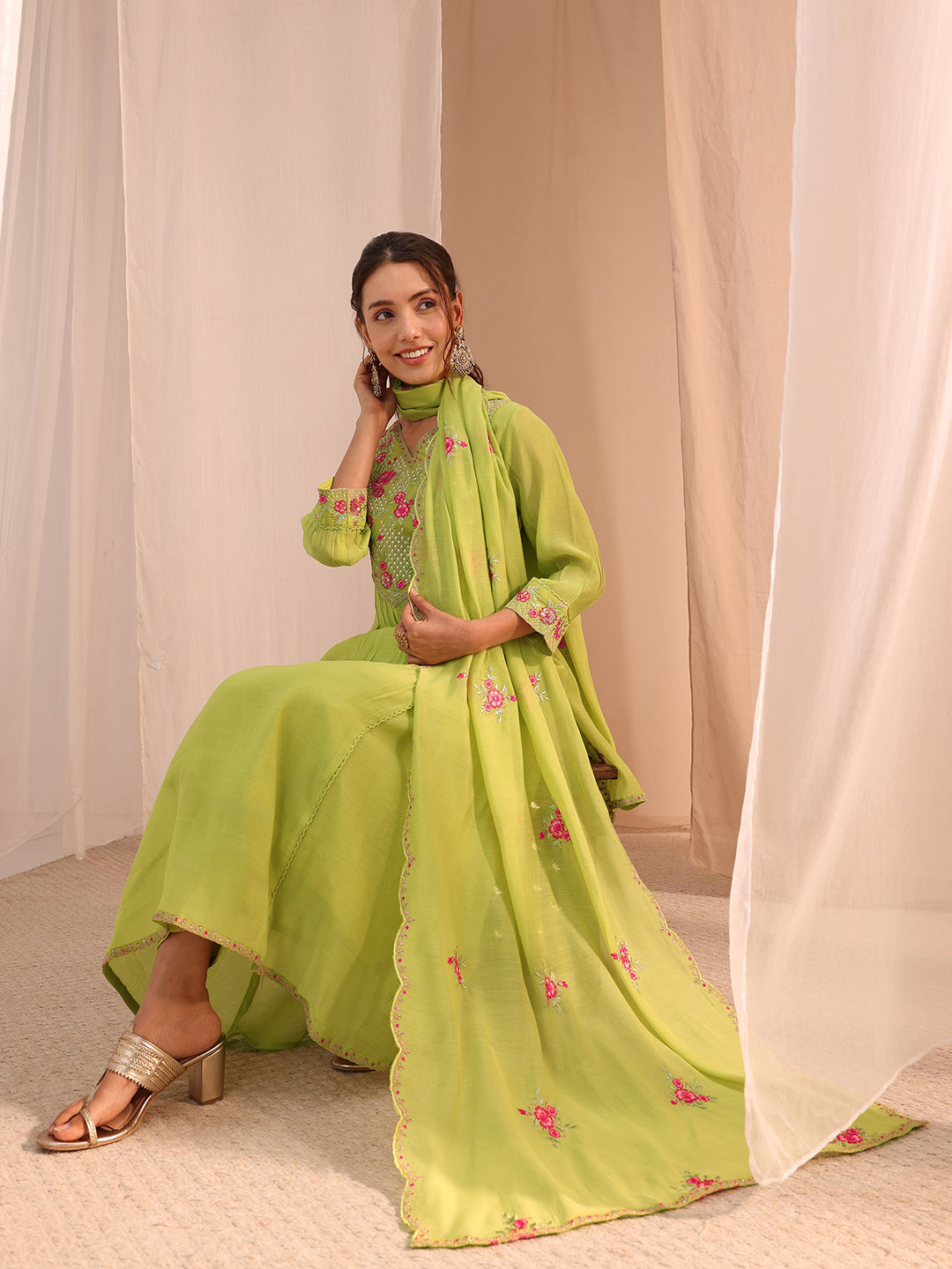 Libas Green Floral Embroidered Chanderi Cotton A-Line Suit Set
