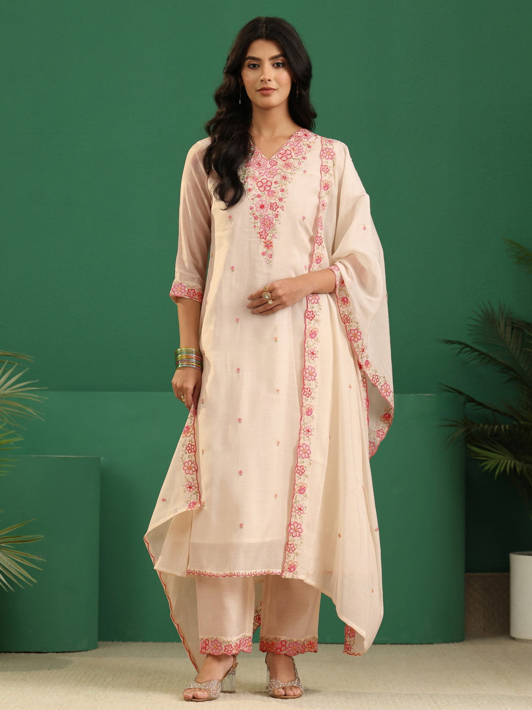 Libas Cream Floral Embroidered Chanderi Cotton A-Line Suit Set