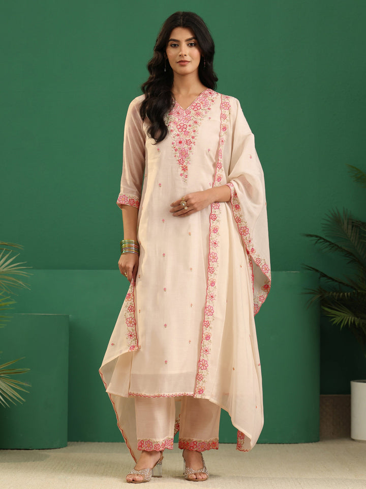 Libas Cream Floral Embroidered Chanderi Cotton A-Line Suit Set