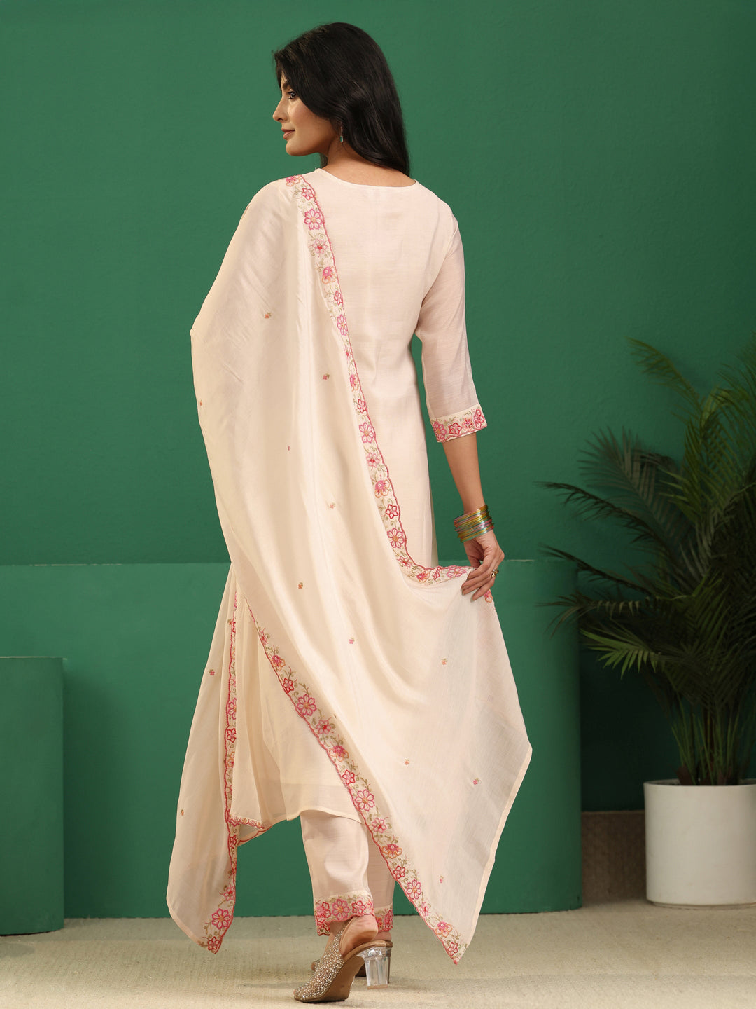 Libas Cream Floral Embroidered Chanderi Cotton A-Line Suit Set