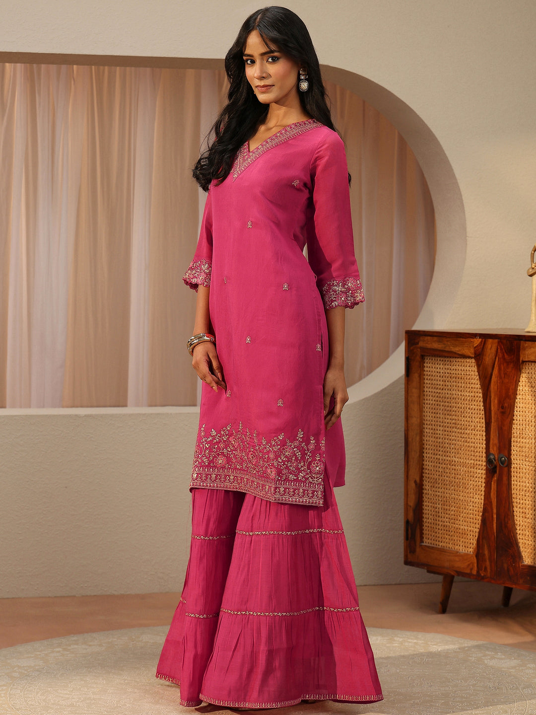 Pink Floral Embroidered Chanderi Cotton Straight Cotton Suit Set